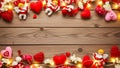 Romantic Valentine\'s Day Frame with Hearts, Cupids, and Lights on Rustic Wood Royalty Free Stock Photo