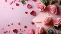 Romantic Valentine\'s Day, Pink Roses, Love Note in Envelope, Heart Shapes on Soft Pink Pastel Background, Ai generative