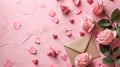 Romantic Valentine\'s Day, Pink Roses, Love Note in Envelope, Heart Shapes on Soft Pink Pastel Background, Ai generative