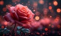 Romantic Valentine\'s Day: Red Rose on Black Background with Pink Bokeh Lights, Royalty Free Stock Photo