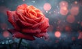 Romantic Valentine\'s Day: Red Rose on Black Background with Pink Bokeh Lights, Royalty Free Stock Photo
