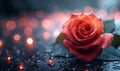 Romantic Valentine\'s Day: Red Rose on Black Background with Pink Bokeh Lights, Royalty Free Stock Photo