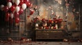 Romantic Valentine's Day Setting with Lush Rose Bouquets, Elegant Gifts, and Ambient Candlelight.