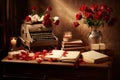 A romantic Valentine's Day setting: a vintage typewriter love letters, petals scattered around, and red roses
