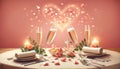 Romantic Valentine\'s Dinner Table Setting with Champagne and Heart Decorations, AI Generated Royalty Free Stock Photo