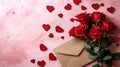 Romantic Valentine and wedding invitation background, Roses, hearts, luxury ring, love background, Ai generative