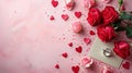 Romantic Valentine and wedding invitation background, Roses, hearts, luxury ring, love background, Ai generative