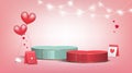 Romantic Valentines day background design green and red hearts box pedestal decor with calendar, heart balloons and decoration.