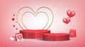 Romantic Valentines day background design red hearts box pedestal decor with gold metal heart shape, calendar, heart balloons.