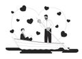 Romantic Valentines day boyfriends lake boating black and white 2D illustration concept