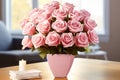 Romantic Valentines Day greeting card in soft colors with a bouquet of roses in a vase on the table