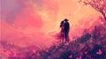 Romantic Valentines day poster. Cowboy couple in a Whimsical Fantasy Magic Pink Boho Landscape