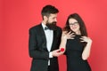 Romantic valentines day. sexy couple in love. tuxedo man and elegant lady at engagement party. formal couple. ring in Royalty Free Stock Photo