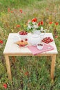 Romantic Valentines french or rural breakfast: tea, strawberries, croissants on table in poppy field. Countryside and Cozy Good Royalty Free Stock Photo