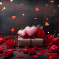 Romantic Valentines scene gift box, red hearts, roses concept