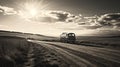 Romantic Van Adventure On A Sunlit Dirt Road Royalty Free Stock Photo