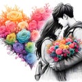 Romantic vector illustration with flowers, birds, heart and couple.
