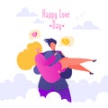 Romantic vector illustration on love story theme. Couple in love, man holding his beloved girlfriend in his arms, carries on hands Royalty Free Stock Photo