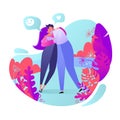 Romantic vector illustration on love story theme. Happy flat people character. Couple in love, they embrace and kiss. H