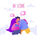 Romantic vector illustration on love story theme. Happy flat people character on the seventh heaven. Soaring in the clouds.