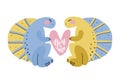 Romantic vector illustration of lovely two dinosaurs with heart shares love to each other. Graphic elements for kids