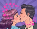 Romantic vector illustration in pop art style on love story theme. Couple in love and kiss each other.