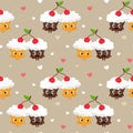 Romantic vector seamless pattern with cute pair of cupcakes shar