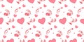 Romantic vector seamless pattern with cute pink hearts, cherries, love arrows on white background for textile, print, wrapping