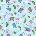 Romantic vector seamless pattern with flying birds and hearts Royalty Free Stock Photo