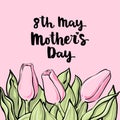 Romantic vector tulip composition with mother`s day lettering,