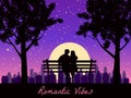 Romantic Vibes Couple lovers on bench in park, under trees. Sunset, night, stars. Vector Happy Valentines Day Royalty Free Stock Photo