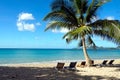 Romantic view of the pale blue sea and sandy beach with loungers under palm tree.