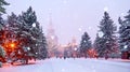 Romantic view of snowfall in white winter campus of famous Russian university with snowed evergreen trees