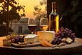 Romantic Vineyard Picnic With Wine And Cheese During Sunset in Picturesque Countryside