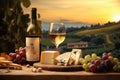 Romantic Vineyard Picnic With Wine And Cheese During Sunset in Picturesque Countryside