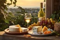 Romantic Vineyard Picnic With Wine And Cheese During Sunset in Picturesque Countryside