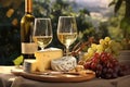 Romantic Vineyard Picnic With Wine And Cheese During Sunset in Picturesque Countryside