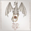 Romantic vintage birthday card template with calligraphy and dragon sketch.