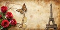 Romantic vintage design with roses, butterfly, and tower. Generative AI Royalty Free Stock Photo