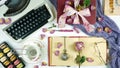 Romantic vintage feminine writing desk stop motion with old typewriter. Royalty Free Stock Photo