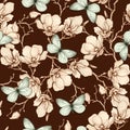 Romantic vintage magnolia and butterflies seamless pattern