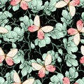 Romantic vintage magnolia and butterflies seamless pattern