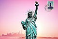 Romantic Vintage New York City Postcard Design With Statue Of Liberty With Postage Stamps Around Famous Landmarks