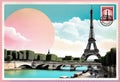 Romantic vintage Paris postcard design with postage stamps around famous landmarks Royalty Free Stock Photo