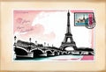 Romantic vintage Paris postcard design with postage stamps around famous landmarks Royalty Free Stock Photo