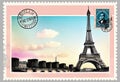Romantic vintage Paris postcard design with postage stamps around famous landmarks Royalty Free Stock Photo