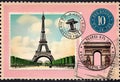 Romantic vintage Paris postcard design with postage stamps around famous landmarks Royalty Free Stock Photo