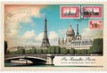 Romantic vintage Paris postcard design with postage stamps around famous landmarks Royalty Free Stock Photo