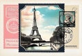 Romantic vintage Paris postcard design with postage stamps around famous landmarks Royalty Free Stock Photo