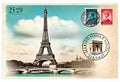 Romantic vintage Paris postcard design with postage stamps around famous landmarks Royalty Free Stock Photo